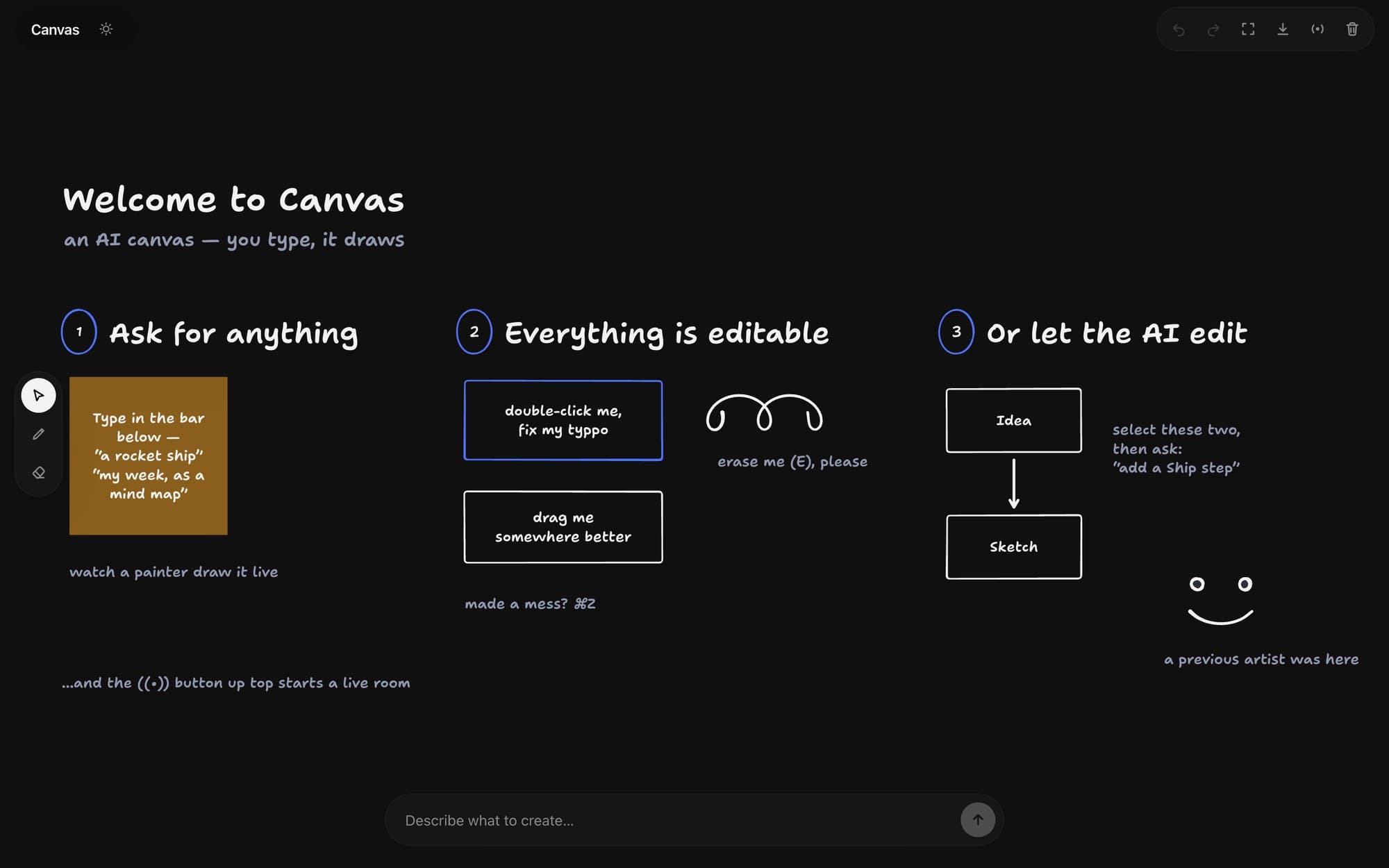 The Canvas onboarding board: ask for anything, everything is editable, or let the AI edit