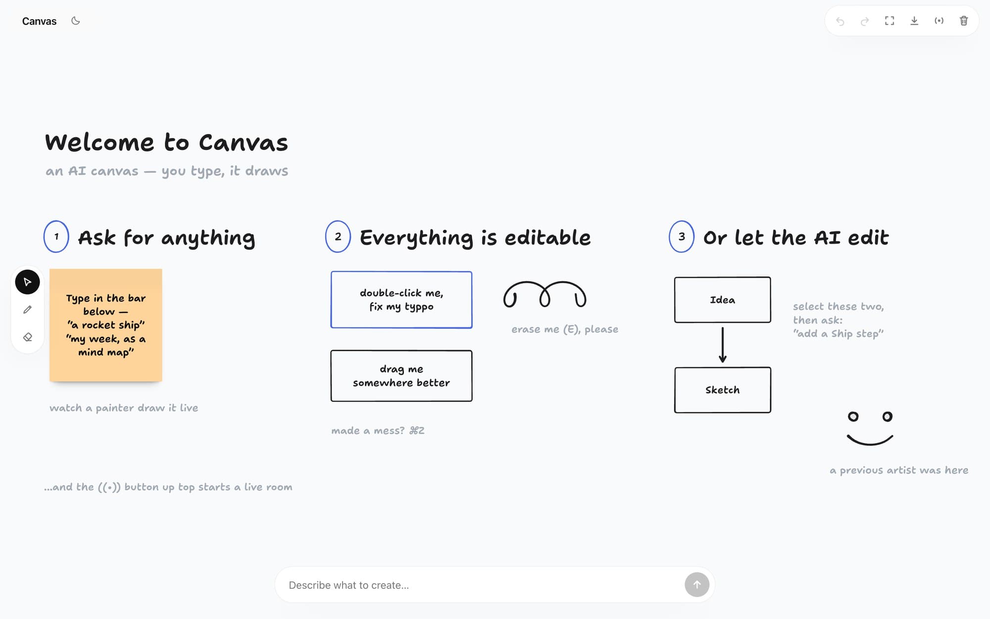 The Canvas onboarding board: ask for anything, everything is editable, or let the AI edit