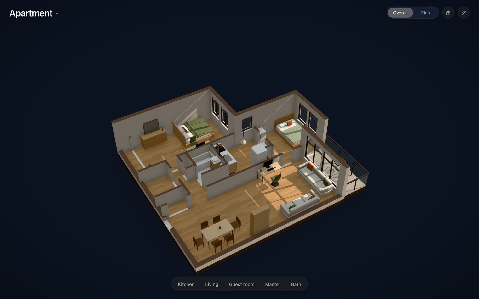 My old apartment in Construct as a 3D dollhouse: two bedrooms, the kitchen, bath, living room, and terrace seen from above