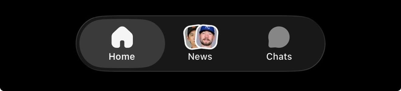 An iOS tab bar with a News tab showing two stacked story thumbnails