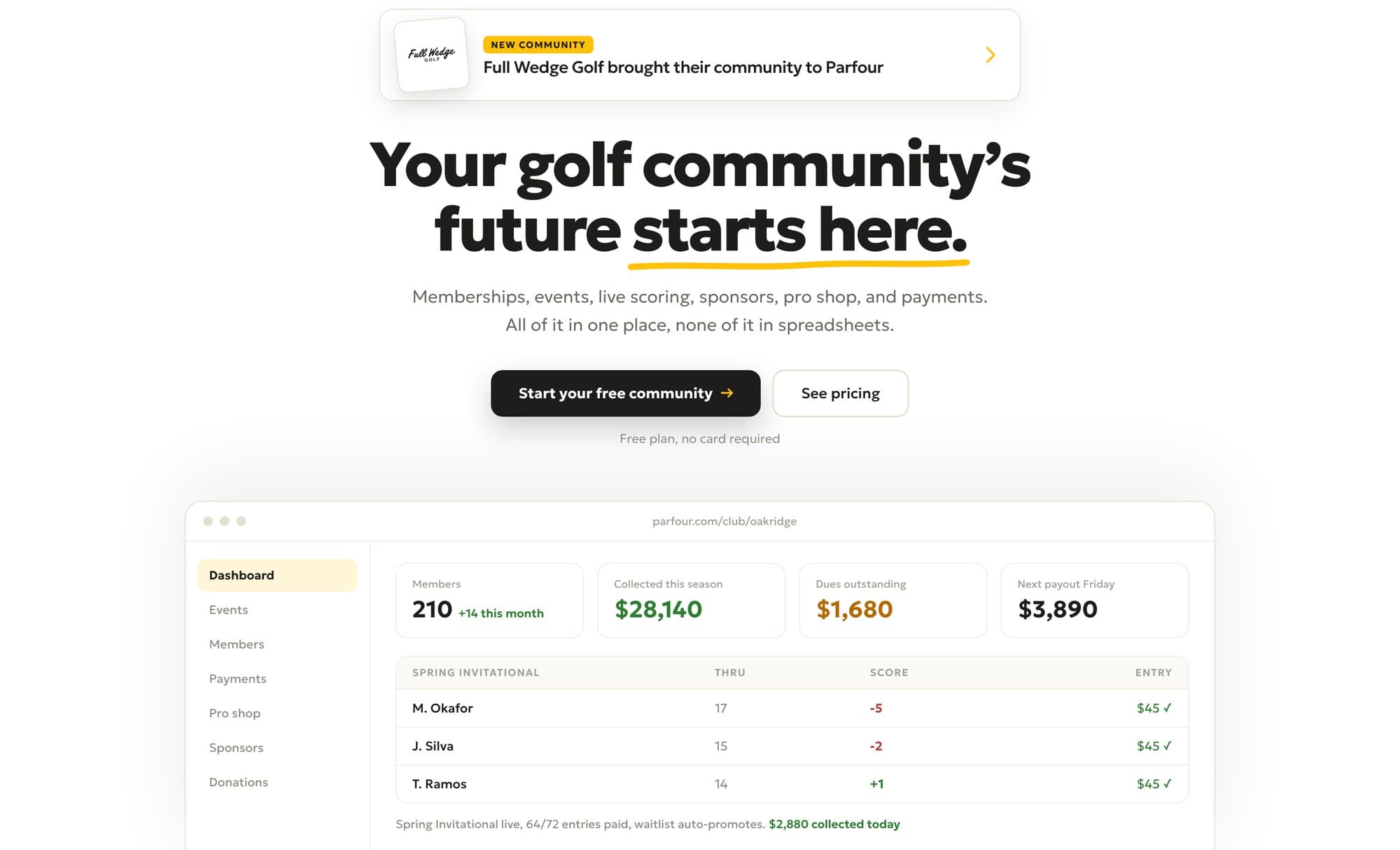 The Parfour homepage with a club dashboard showing members, dues, and live tournament scores