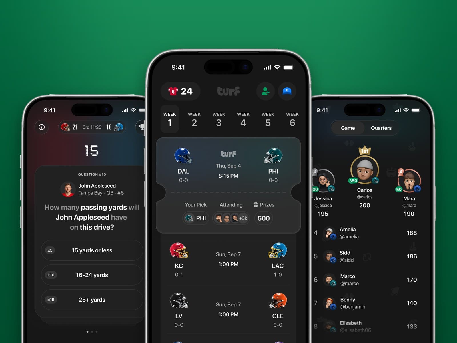Three iPhones on Turf green: a live question, the week's games, and the leaderboard