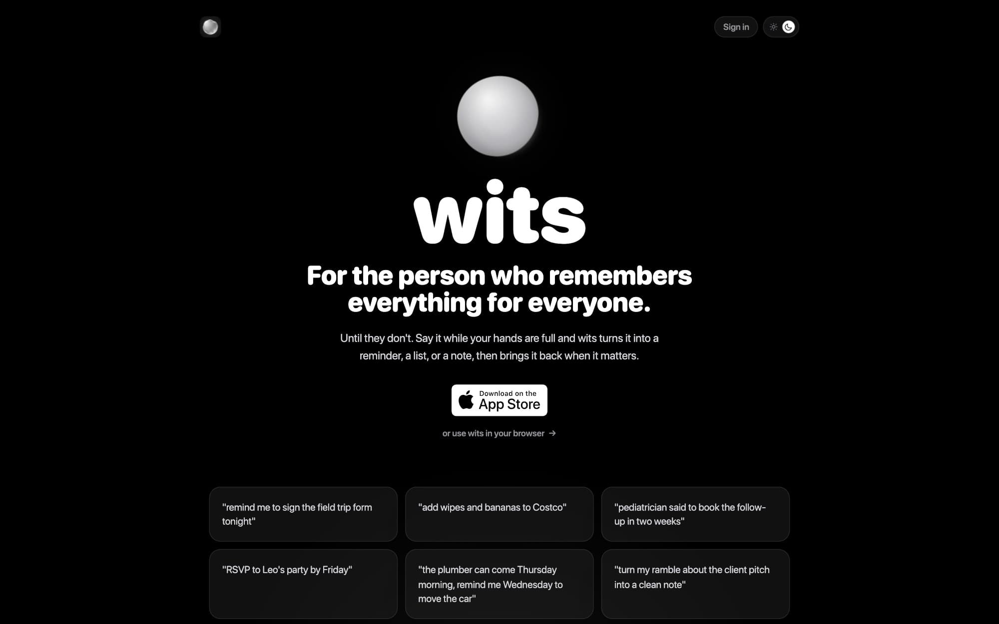The wits homepage: a silver orb above the wordmark and the line, For the person who remembers everything for everyone