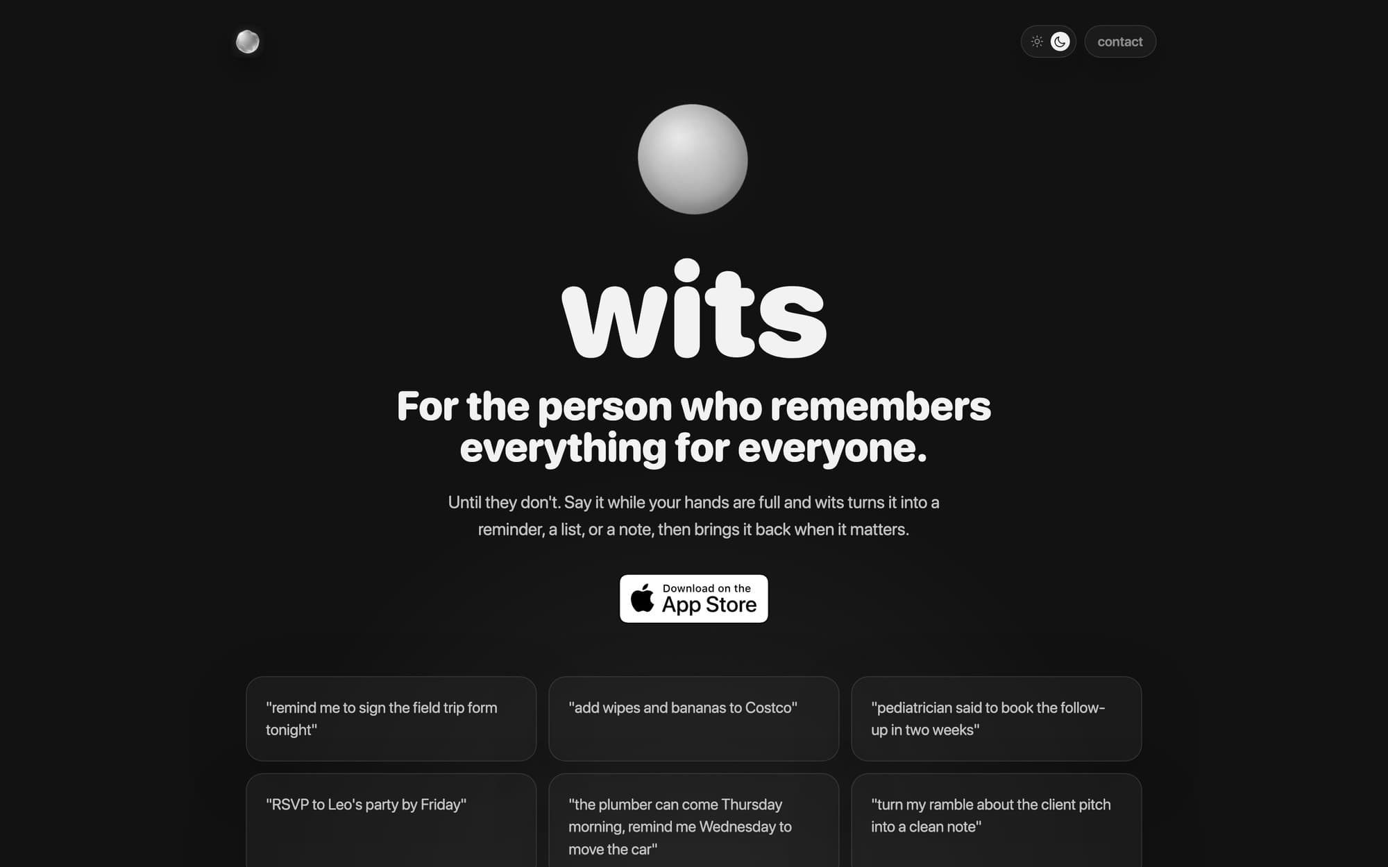 The wits homepage: a silver orb above the wordmark and the line, For the person who remembers everything for everyone