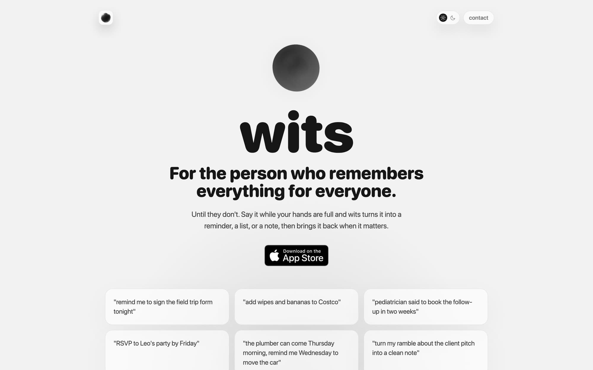 The wits homepage: a silver orb above the wordmark and the line, For the person who remembers everything for everyone