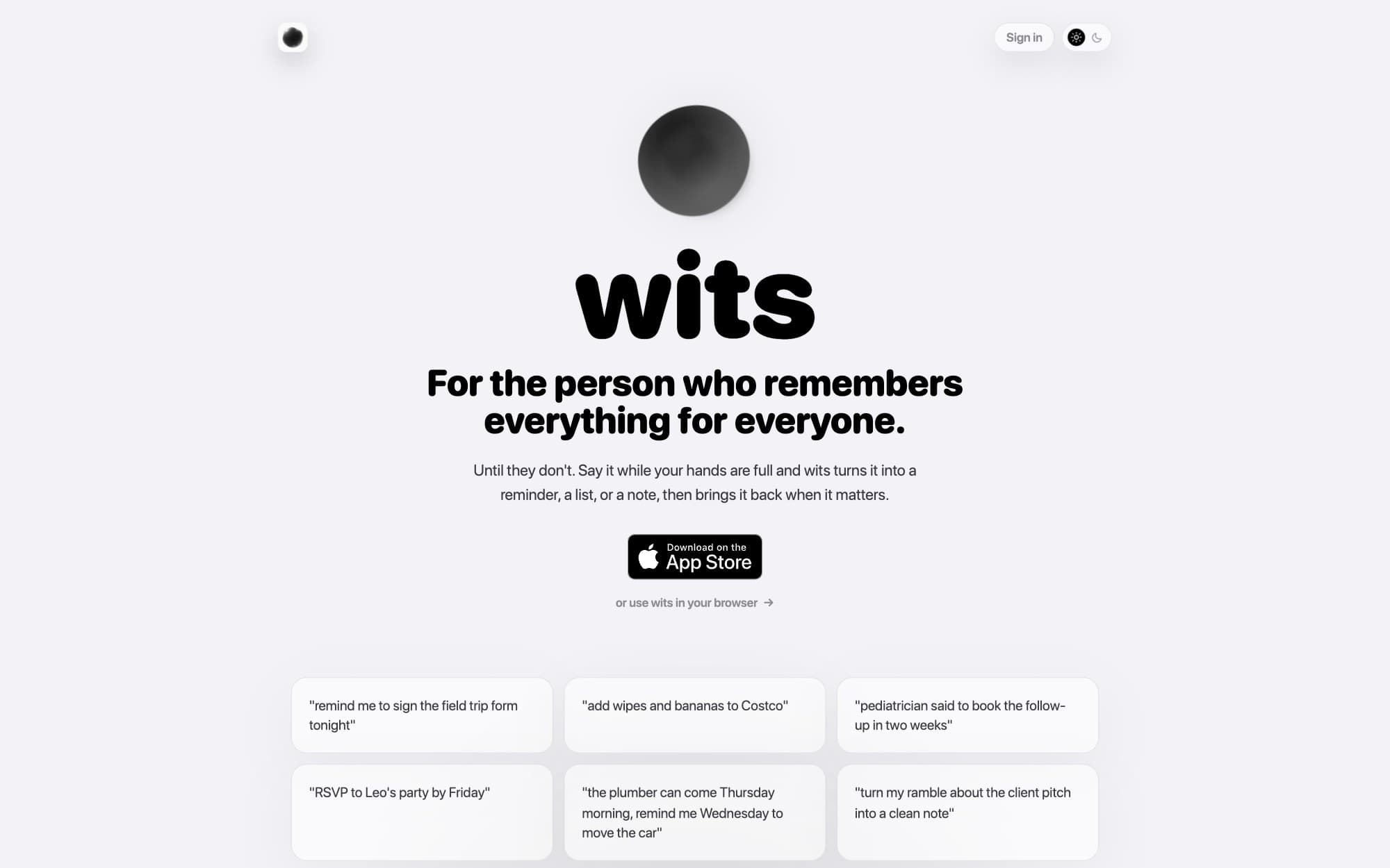 The wits homepage: a silver orb above the wordmark and the line, For the person who remembers everything for everyone